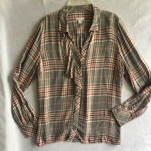 J. Jill Plaid Asymmetrical Long Sleeve Women's Shirt Size M (Pink/Orange Brown)